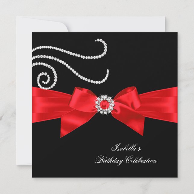 Glitter Red Diamond Bow Black Birthday Party 4 Invitation (Front)