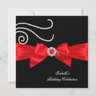 Glitter Red Diamond Bow Black Birthday Party 4 Invitation