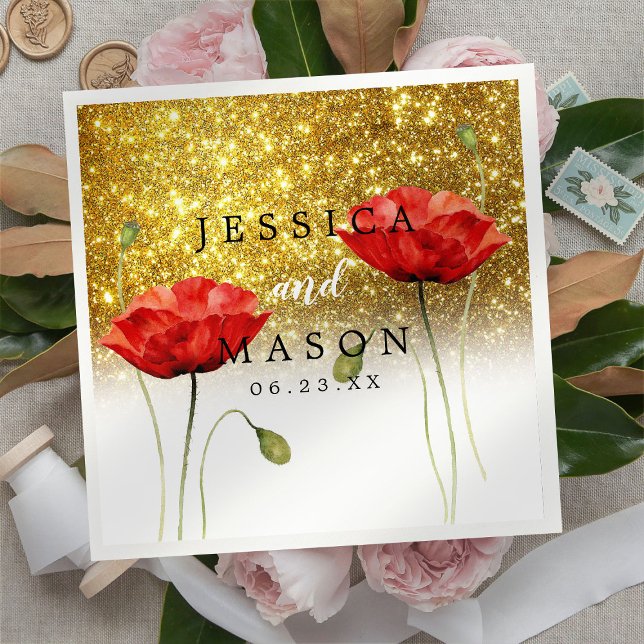 Glitter Red Flowers Wedding Cocktail  Napkins (Creator Uploaded)