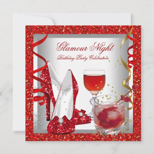 Glitter Red Glamour Night Cocktails Birthday Party Invitation