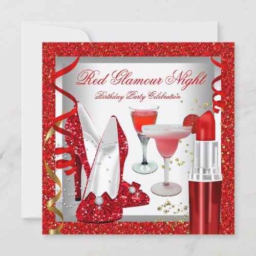 Glitter Red Glamour Night Cocktails Party Invitation