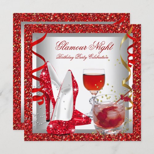 Glitter Red Glamour Night High Heel Shoes Birthday Invitation