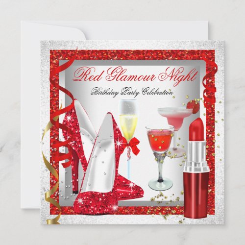 Glitter Red Glamour Night Silver Champagne Party Invitation