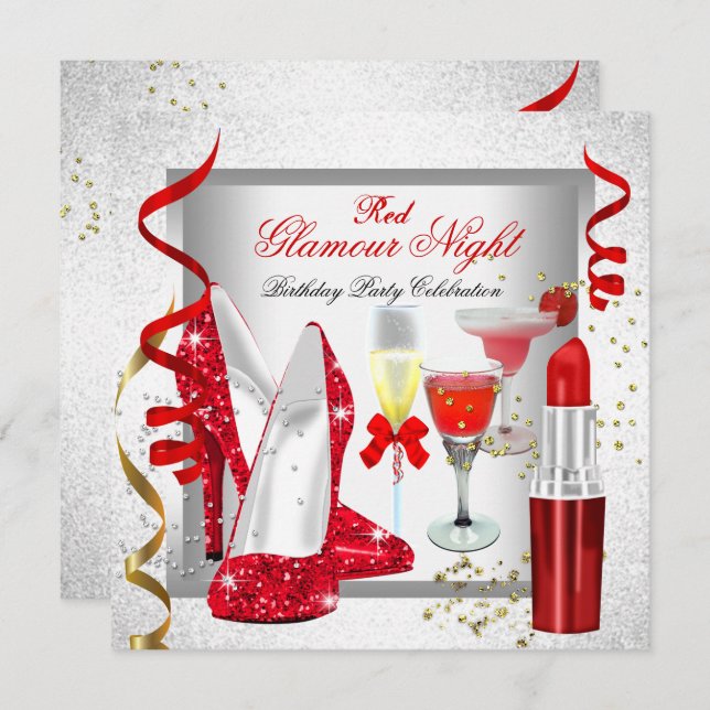 Glitter Red Glamour Night Silver Drinks Party Invitation (Front/Back)