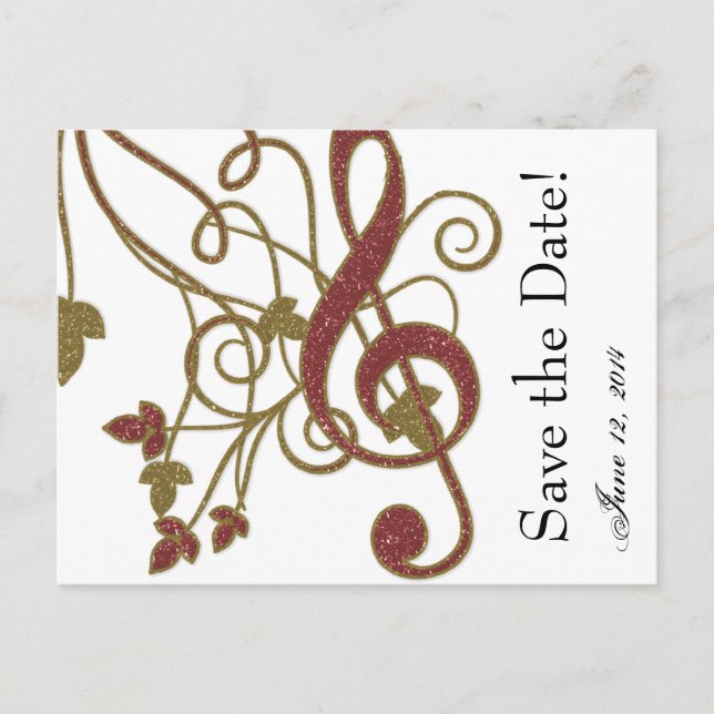 Glitter Red Gold Music Save the Date Announcement Postcard (Front)