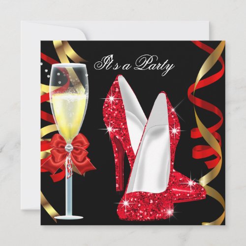 Glitter Red Gold Shoes Champagne Birthday Party 2 Invitation