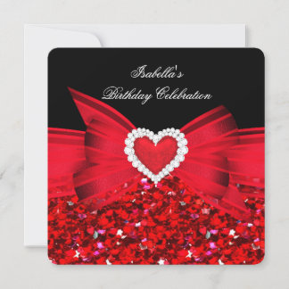 Glitter Red Heart Bow Black Birthday Party Invitation