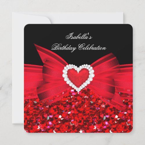 Glitter Red Heart Bow Black Birthday Party Custom Invitations