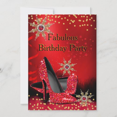 Glitter Red Heels Birthday Party Gold Black Pearl Invitation