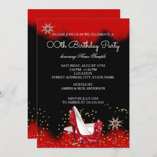 Glitter Red High Heel Black Gold Snowflake Party Invitation