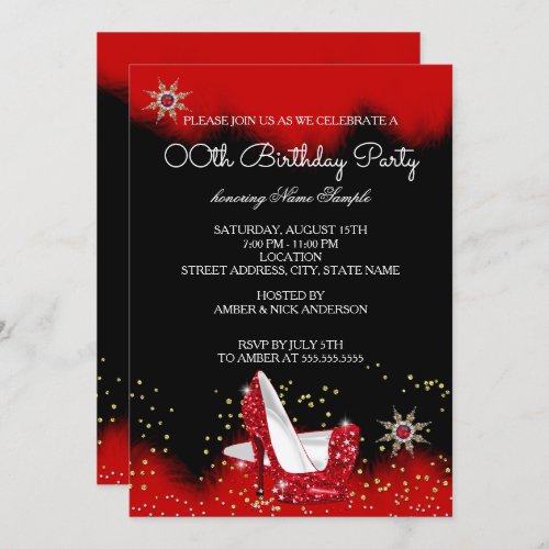 Glitter Red High Heel Black Gold Snowflake Party Invitation