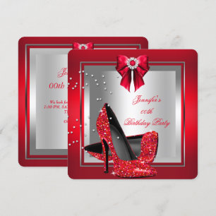 Glitter Red High Heel Shoe Silver Birthday Party Invitation