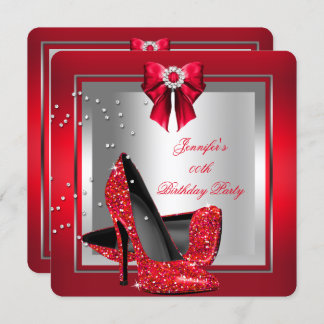 Glitter Red High Heel Shoe Silver Birthday Party Invitation