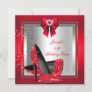Glitter Red High Heel Shoe Silver Birthday Party Invitation
