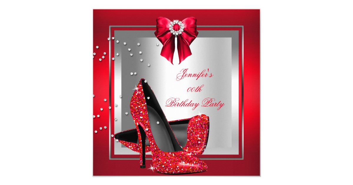 Glitter Red High Heel Shoe Silver Birthday Party Invitation