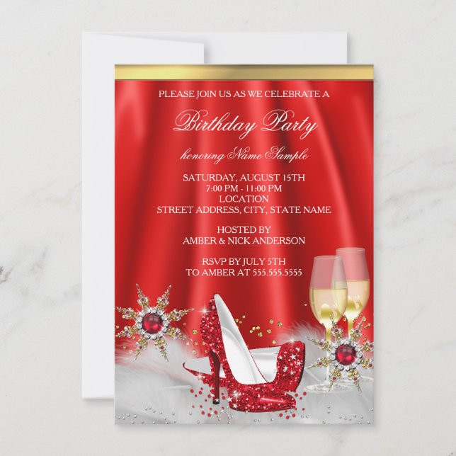 Glitter Red High Heel Shoes Gold Champagne Party Invitation (Front)