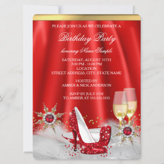 Glitter Red High Heel Shoes Gold Champagne Party Invitation