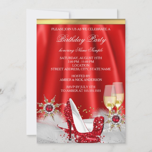 Glitter Red High Heel Shoes Gold Champagne Party Invitation (Front)