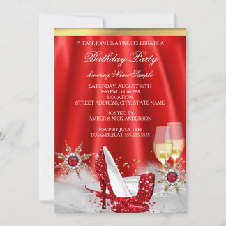 Glitter Red High Heel Shoes Gold Champagne Party Invitation