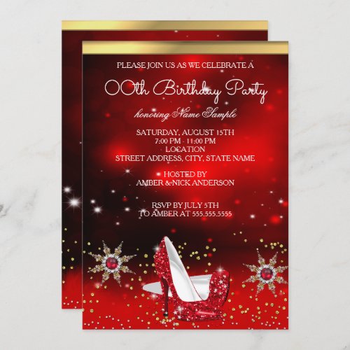 Glitter Red High Heel Shoes Gold Snowflake Party Invitation