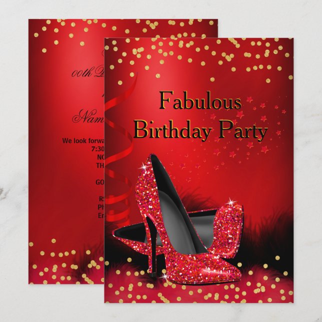 Glitter Red High Heels Birthday Party Gold Black Invitation (Front/Back)