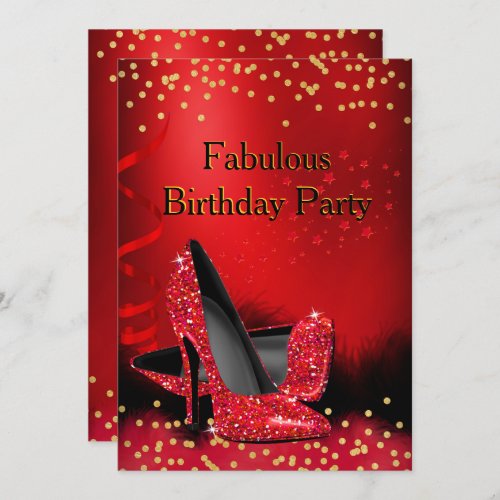 Glitter Red High Heels Birthday Party Gold Black Invitation