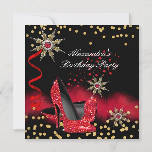 Glitter Red High Heels Black Birthday Party Invitation