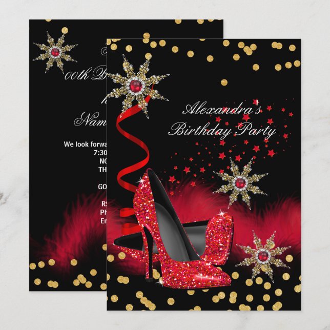 Glitter Red High Heels Black Birthday Party Invitation (Front/Back)