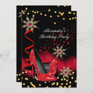 Glitter Red High Heels Black Birthday Party Invitation