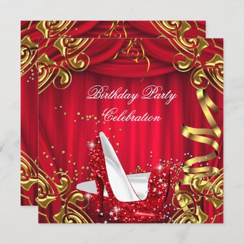 Glitter Red High Heels Gold Silk Birthday Party Invitation