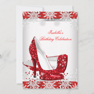 Glitter Red High Heels White Snowflakes Birthday Invitation