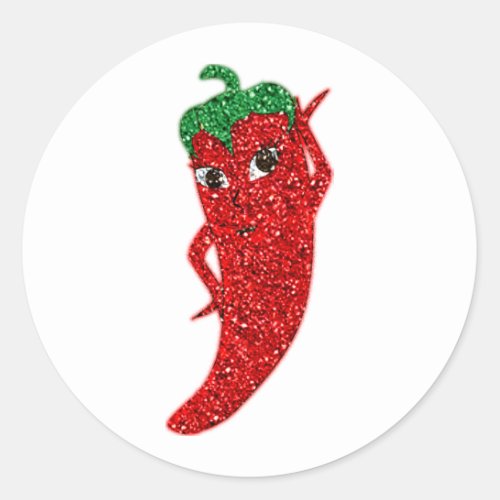 Glitter Red Hot Pepper Diva Classic Round Sticker