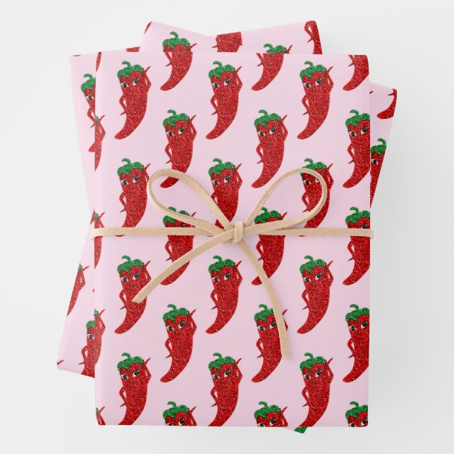Glitter Red Hot Pepper Diva Pink Wrapping Paper Sheets (In situ)