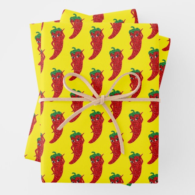 Glitter Red Hot Pepper Diva Yellow Wrapping Paper Sheets (In situ)