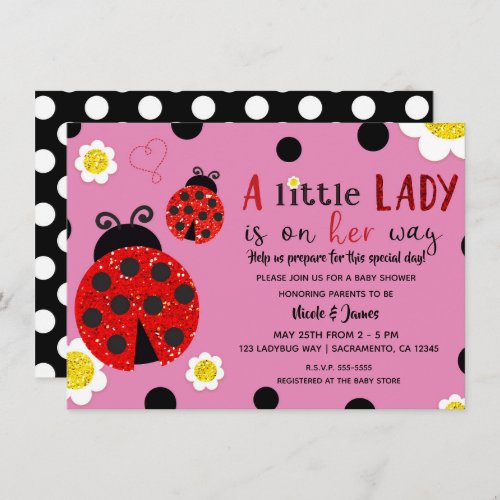 Glitter Red Ladybug Yellow Flowers Baby Shower Inv Invitation