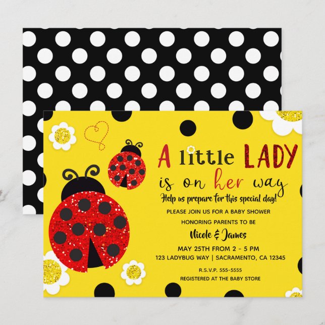 Glitter Red Ladybug Yellow Flowers Baby Shower Inv Invitation (Front/Back)