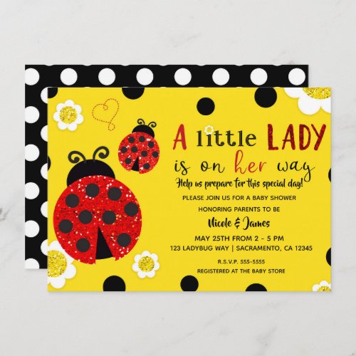 Glitter Red Ladybug Yellow Flowers Baby Shower Inv Invitation