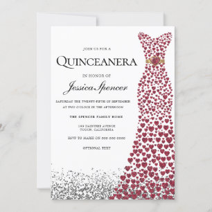 Glitter Red Love Heart Dress Quinceanera Invite
