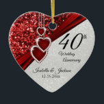 Glitter Red Ruby 40th Anniversary 💕 - Both Sides Ceramic Ornament<br><div class="desc">🥇AN ORIGINAL COPYRIGHT ART DESIGN by Donna Siegrist ONLY AVAILABLE ON ZAZZLE! 40th, 52nd or 80th Ruby Wedding Anniversary Keepsake Design Ornament. This beautiful ornament will be a hit with that special couple or person(s). It would also work well for any other event or occasion such as an engagement, wedding,...</div>
