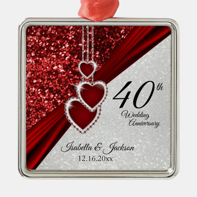 ⭐ Glitter Red Ruby 40th Anniversary 💕 Keepsake   Metal Ornament (Front)