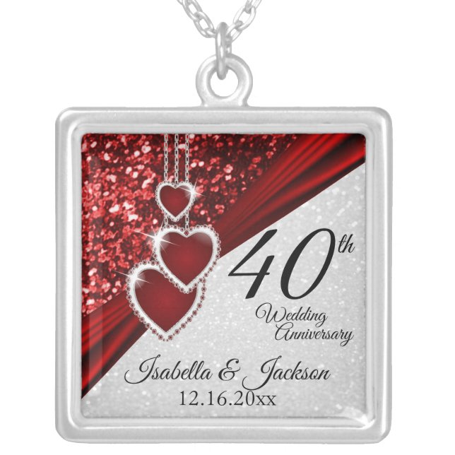 Glitter Red Ruby 40th Anniversary Silver Plated Necklace (Front)