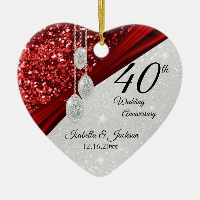 Glitter Red Ruby and Diamond 40th Anniversary 💕 Ceramic Ornament (Front)