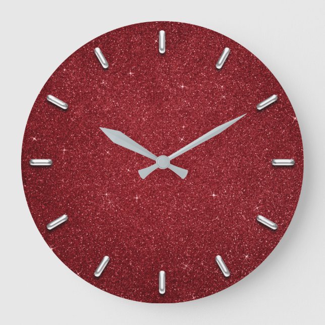 Glitter Red Ruby Silver Gray Metallic Wine Large Clock (Front)