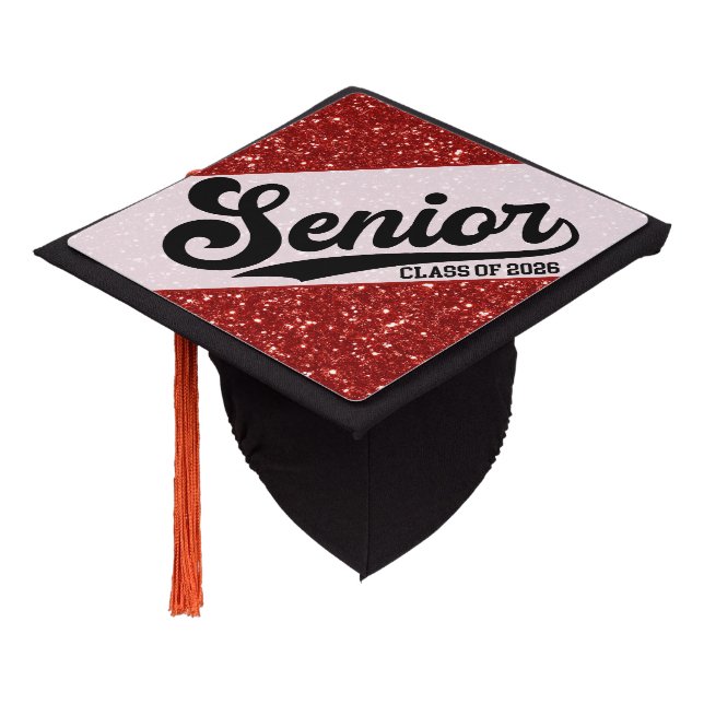 Glitter Red Senior Class of 2026 Script Design Graduation Cap Topper (Angled)