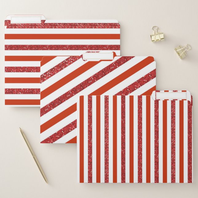 Glitter Red White Striped Pattern File Folder (Set)