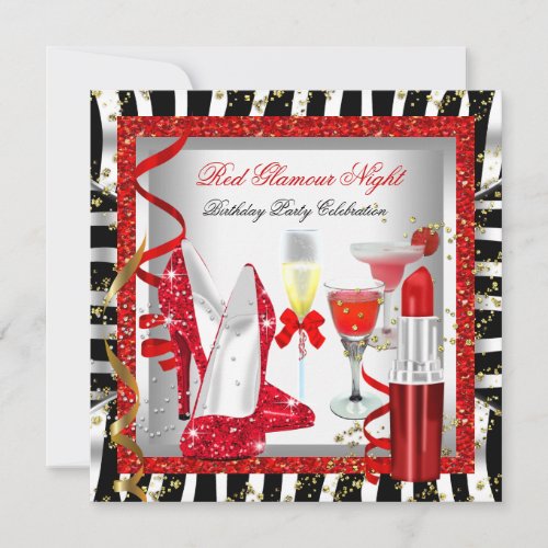 Glitter Red Zebra Glamour Night Birthday Party Invitation