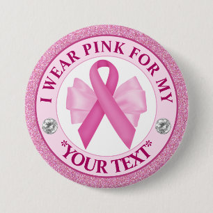 Glitter Ribbon & Bow Breast Cancer Awareness Button