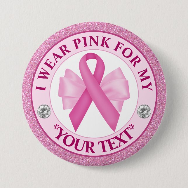 Glitter Ribbon & Bow Breast Cancer Awareness Button (Front)
