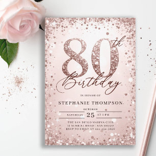 Glitter Rose Bold Calligraphy Modern 80th Birthday Invitation