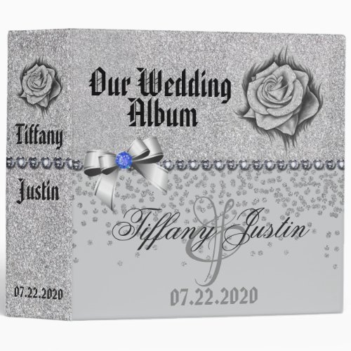 Glitter Rose Diamonds  Bow Wedding Album 3 Ring Binder